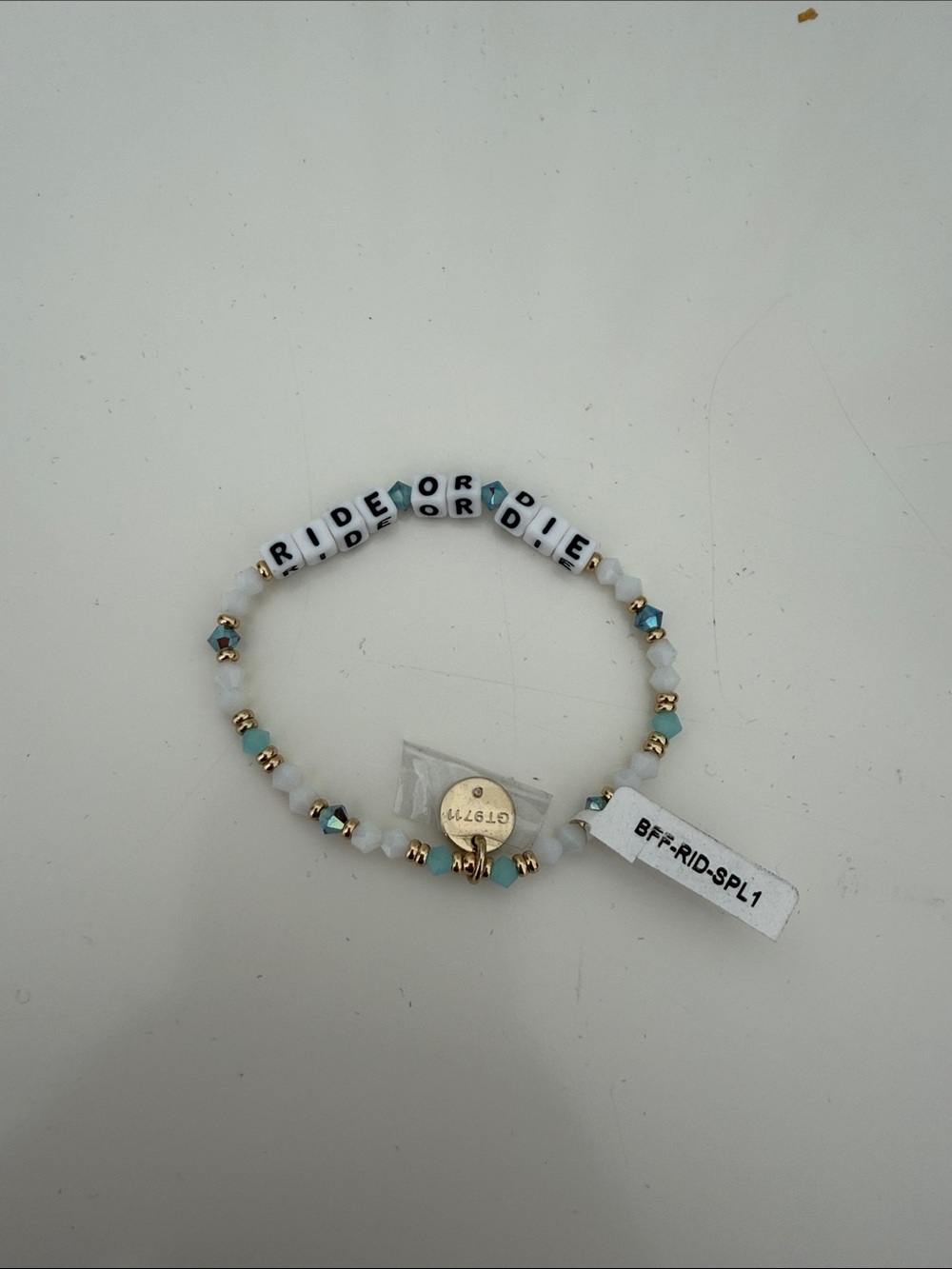 NWT LWP 'RIDE OR DIE' Beaded Stretch Bracelet - White & Aqua - Picture 2 of 2